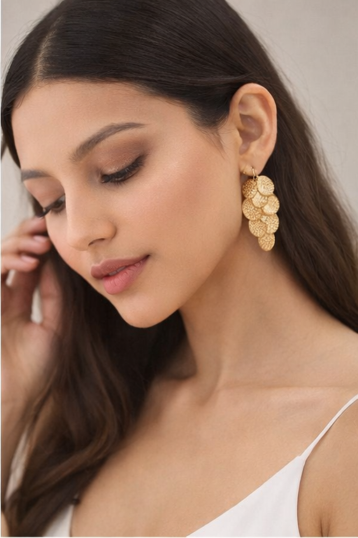 Textured Gold Disc Drops Earrings - Image 2