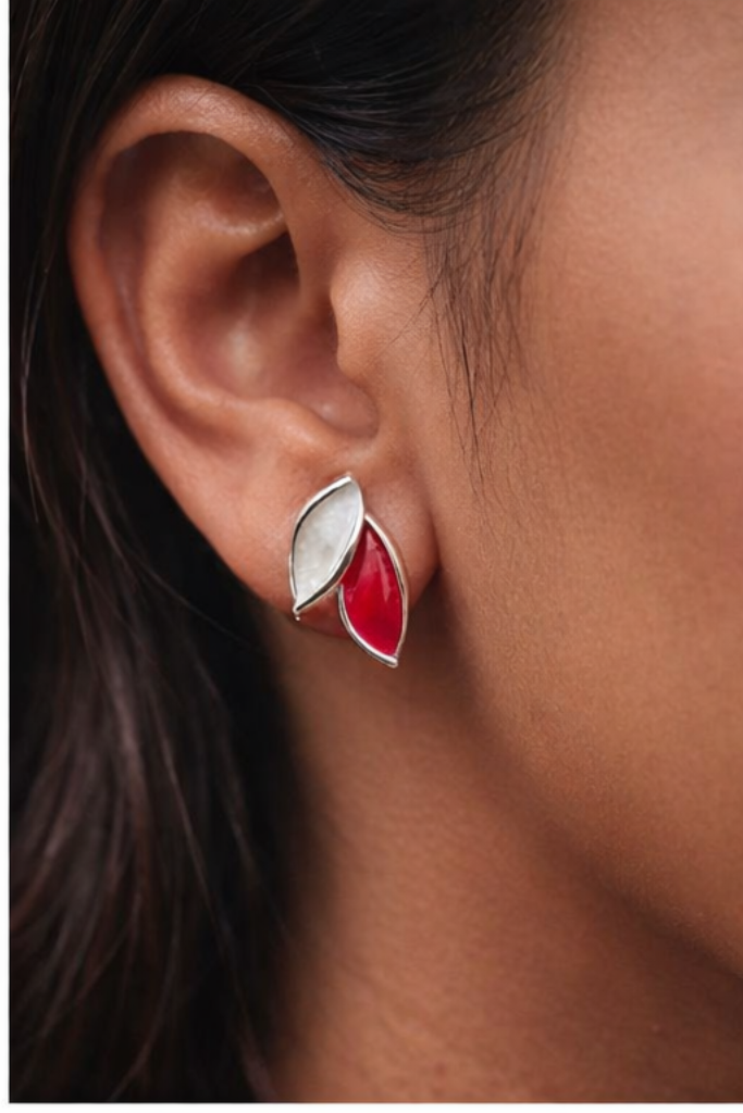 Crimson Red Contrast Leaf Studs Earring - Image 4