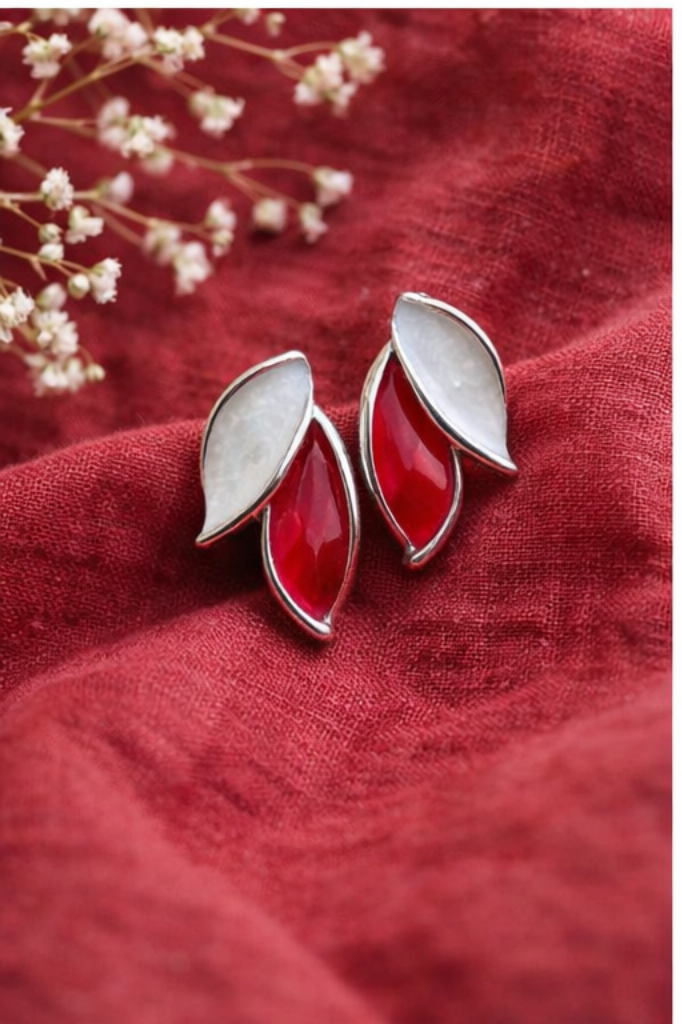 Crimson Red Contrast Leaf Studs Earring - Image 2