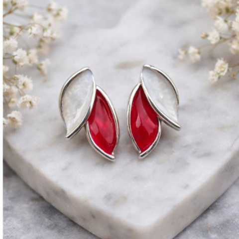 Crimson Red Contrast Leaf Studs Earring