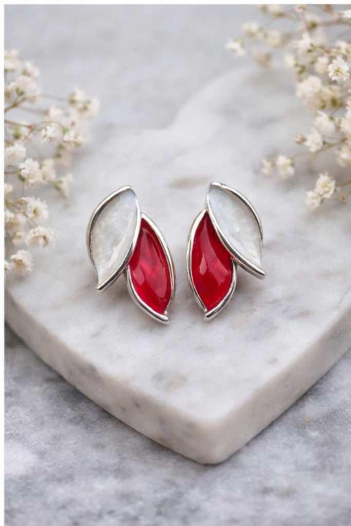 Crimson Red Contrast Leaf Studs Earring